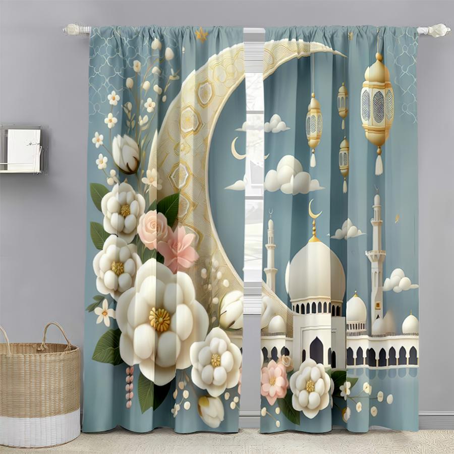 

Light Blue Golden Moon Curtains Fresh Breeze Bedroom Living Room Decorative Drawbar Pockets Set Of 2 Made Polyester Decor W100*H70(CM)-Hooks&2PCS