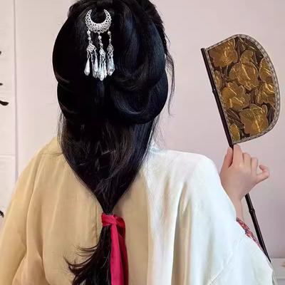 Ancient Headdress Imitation Miao Silver Crescent Tassel Hairpin Fairy Walking Super Fairy Ancient Costume Warring States Robe Accessories Hairpin