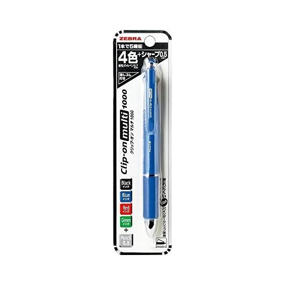 Zebra Clip-On Multi 1000 4-Color Ballpoint Pen (0.7mm) + Mechanical Pencil (0.5mm), Blue, Black, Red, Green, Binder Clip, Rubber Grip