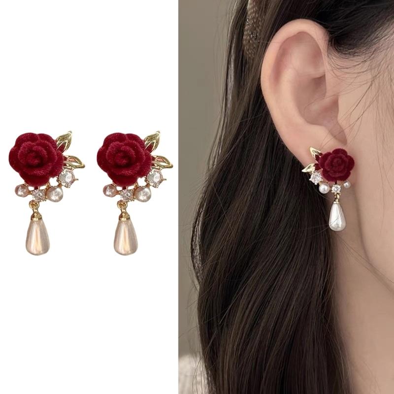 Rose Earrings Tassels Dangle Earrings with Rose Pearls Pendant Women Ear Jewelry Alloy Texture Suitable for Daily Party