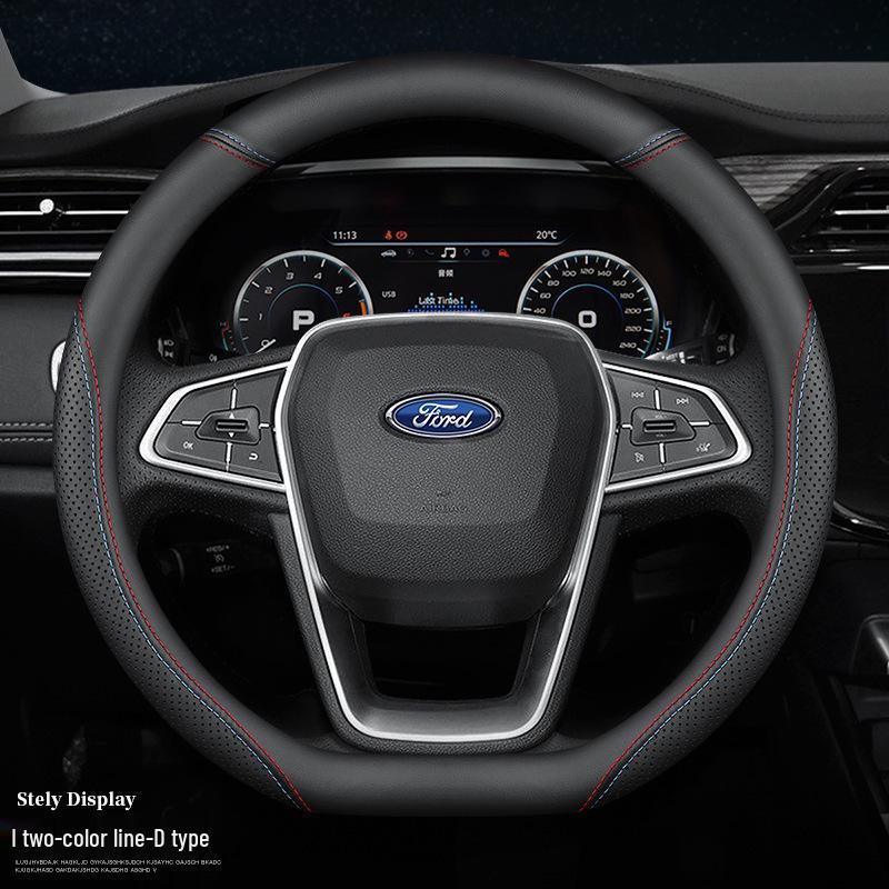 Ford-Compatible Leather Steering Wheel Cover for Focus, EcoSport, Taurus, Edge, Escort, Kuga, Mondeo