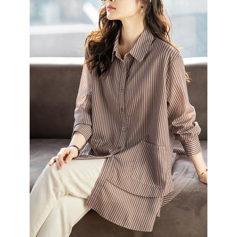 

Outwear European Goods Plus Size Women s Mid Length Long Length Stripes Shirt Brown Stripes 3XL