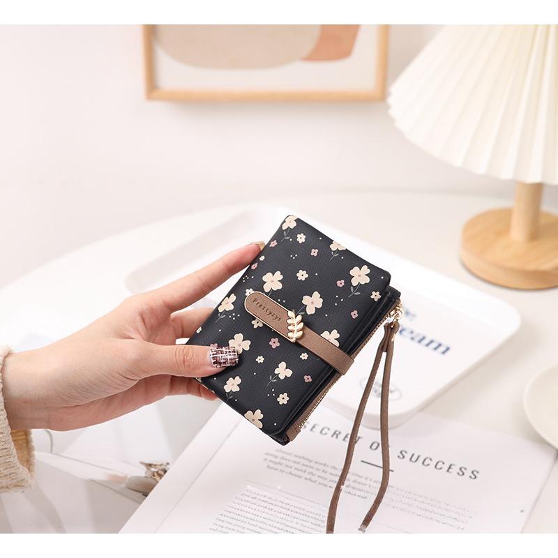 Female Wallet PU Flower Zipper Multi Card Folding Handheld Coin Student Zero Wallet