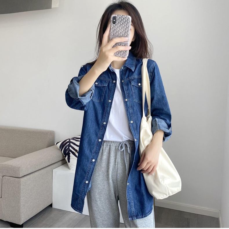 Fashionable Shirt Women Mid Length Cotton Korean Style Loose Fit Long Sleeve Blouse Spring Autumn Outerwear