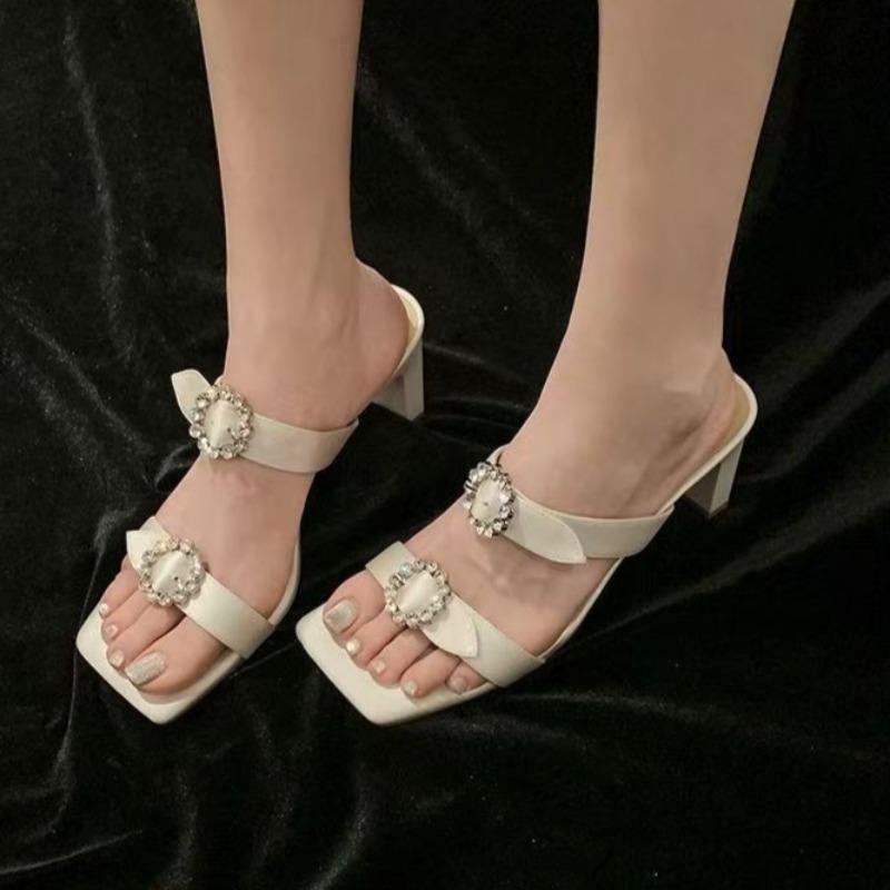 Chunky Heel Sandals New Summer Square Head Open Toe Sequin Metal Buckle Set Foot Non-slip High-heeled Slippers