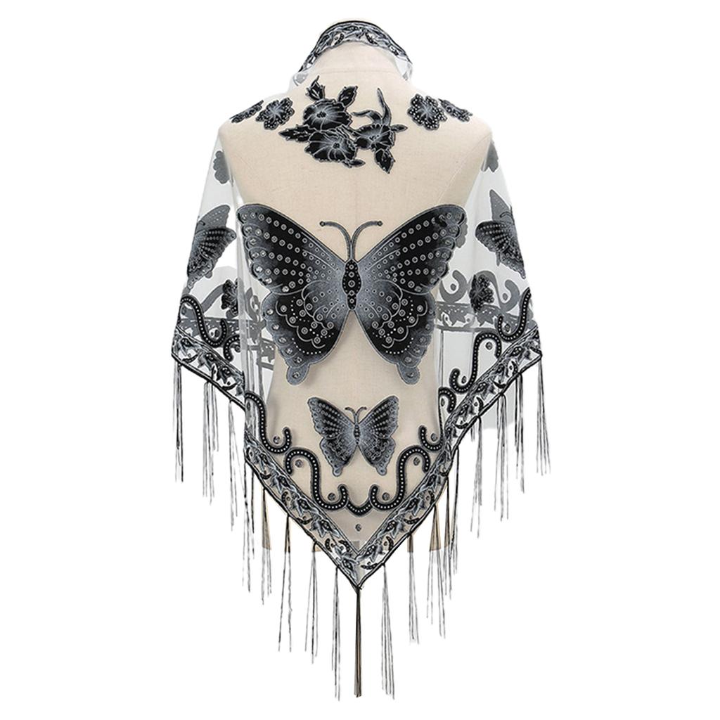 Butterfly Embroidered Shawl Lace Triangle Scarf Formal Shawls And Wrap For Evening Dresses Sheer Shawl With Fringe