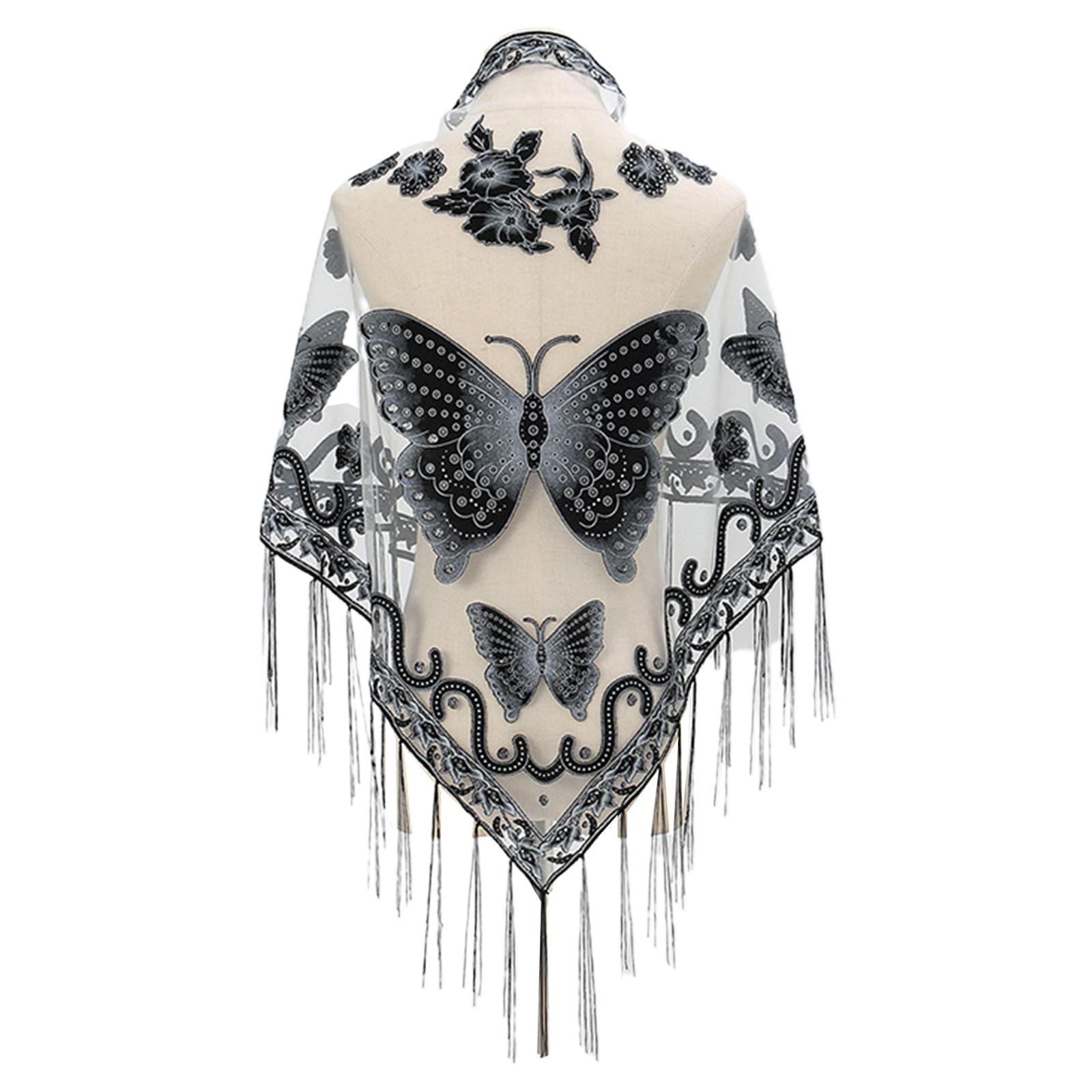 

Шаль с вышивкой бабочками, кружевной треугольный шарф, формальные шали и накидка для вечерних платьев, прозрачная шаль с бахромой 12