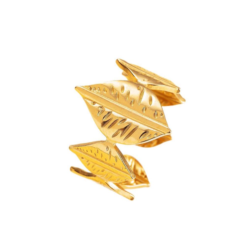 Chic Cross-Border Style Wide Leaf Stainless Steel Ring, Retro Open Design, Vacuum Plated In 18K Gold