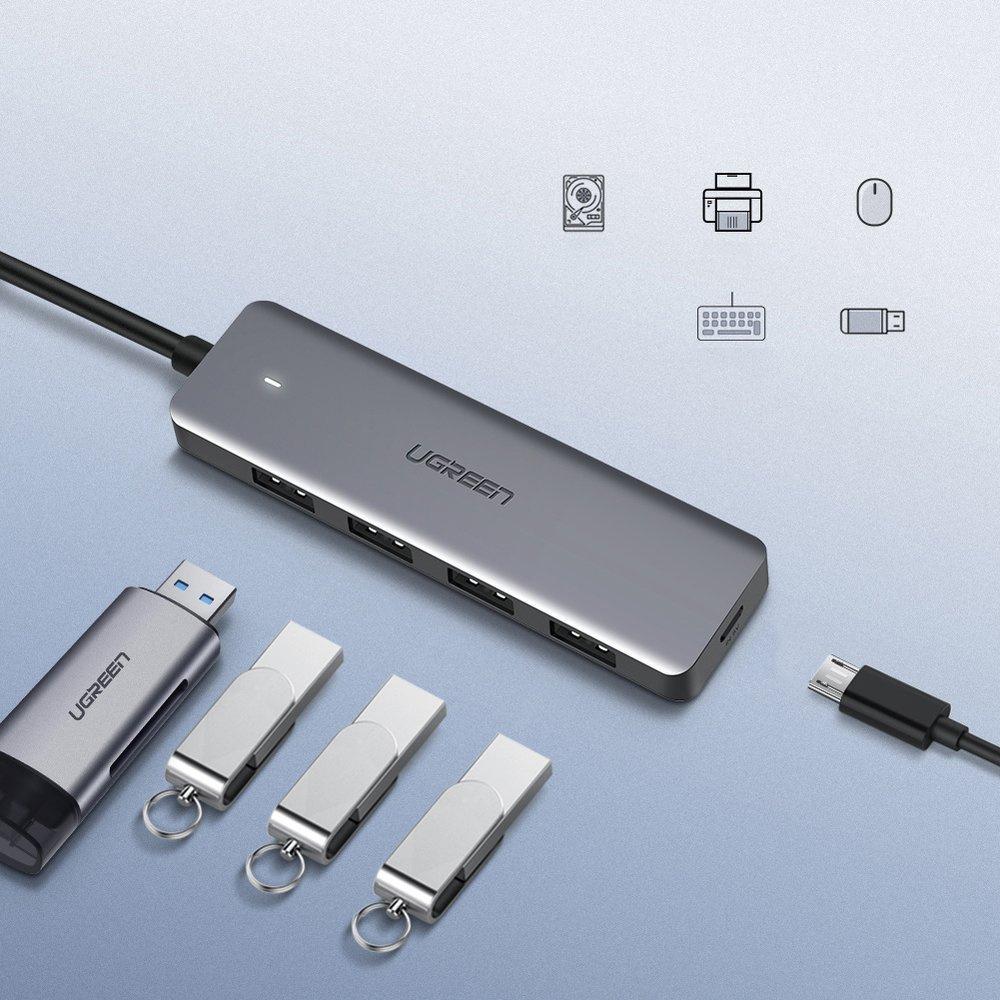 Ugreen 4-Port USB 3.2 Gen 1 Hub with Micro USB Power, Gray - Model CM219 50985