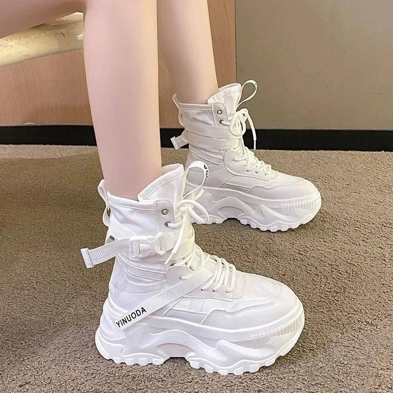 Classic Lace-up Platform Boots Women Mid-calf Flat Boots for Women Mesh Leather Splicing Light Non-slip Breathable Casual Boots