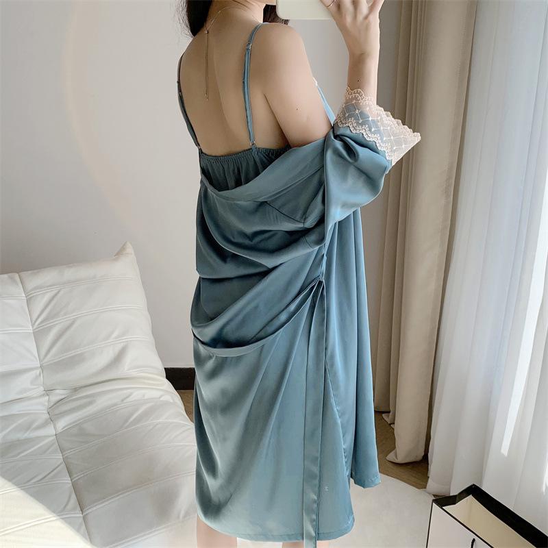 2023 Women's Sexy Summer Two-Piece Pajama Set: Ice Silk Camisole Nightdress & Long Sleeve Robe with Chest Pads