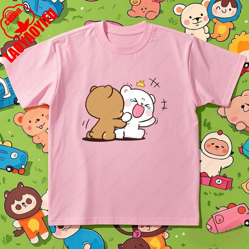Kawaii Couple Tshirt Matching Milk and Mocha Cartoon Anime Print Cotton Unisex Women TShirt Couple Tee Summer Casual Shirt Tops