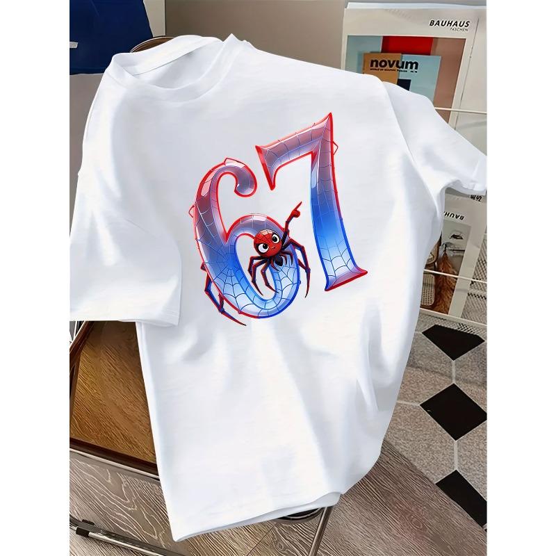 European sizes T-shirt with Spider Pattern and Number 67 Design, Children,Fashionable and Casual - New Summer Trendy Brand Printed Clothing, Unisex