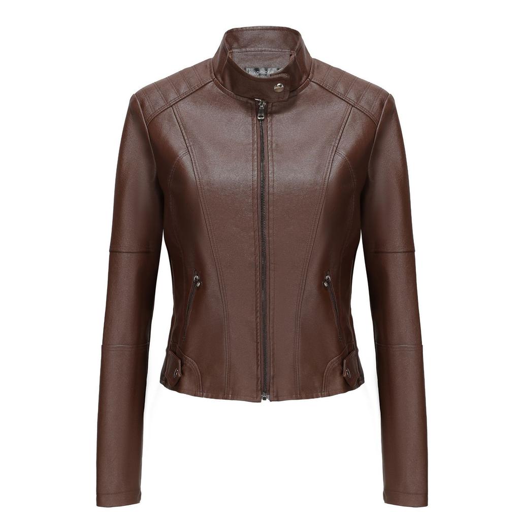 European and American locomotive leather jacket spring and autumn women's clothing washed leather women's leather jacket short slim leather jacket