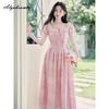 Prairie Chic Summer Women Fairy Midi Dress Square Collar Lace Patchwork Hollow Out Dress Pink Embroidery Feminine Sweet Dresses