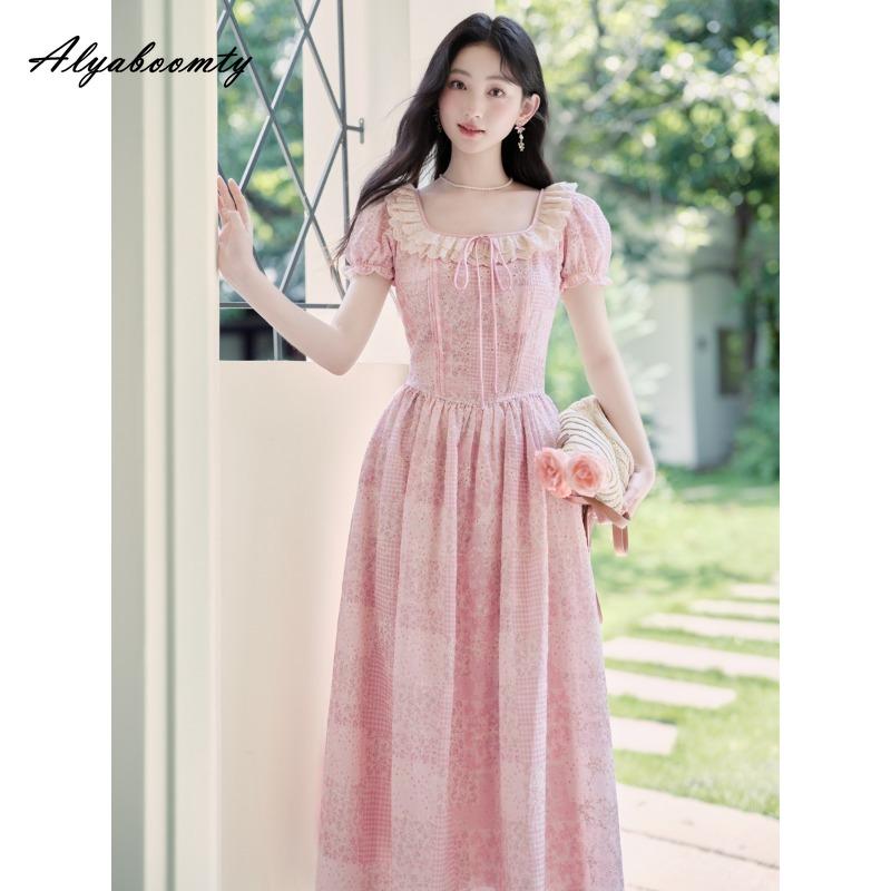 Prairie Chic Summer Women Fairy Midi Dress Square Collar Lace Patchwork Hollow Out Dress Pink Embroidery Feminine Sweet Dresses
