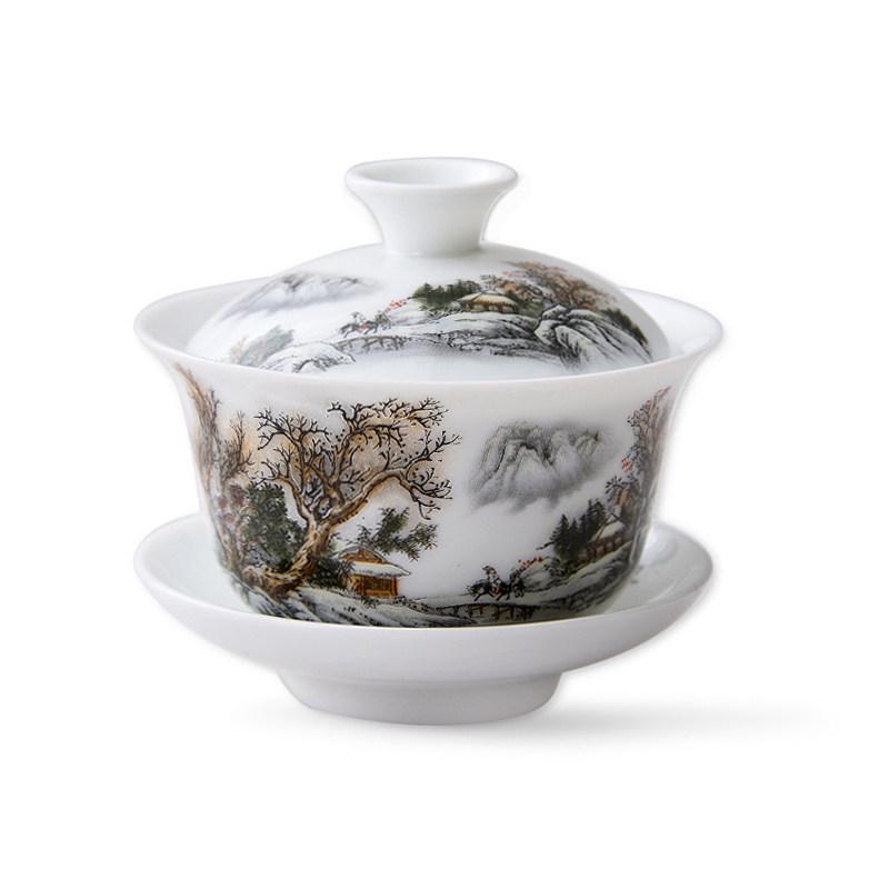 Blue and White Ceramic Gaiwan Tea Set: Small Tea Bowl & Tasting Cup with Concave Lid.
