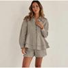 Women's Collar Double Layered Lace Shirt Shorts Set Solid Color Pleated Decoration Women's Summer Set Daily Casual Style Lady Clothes
