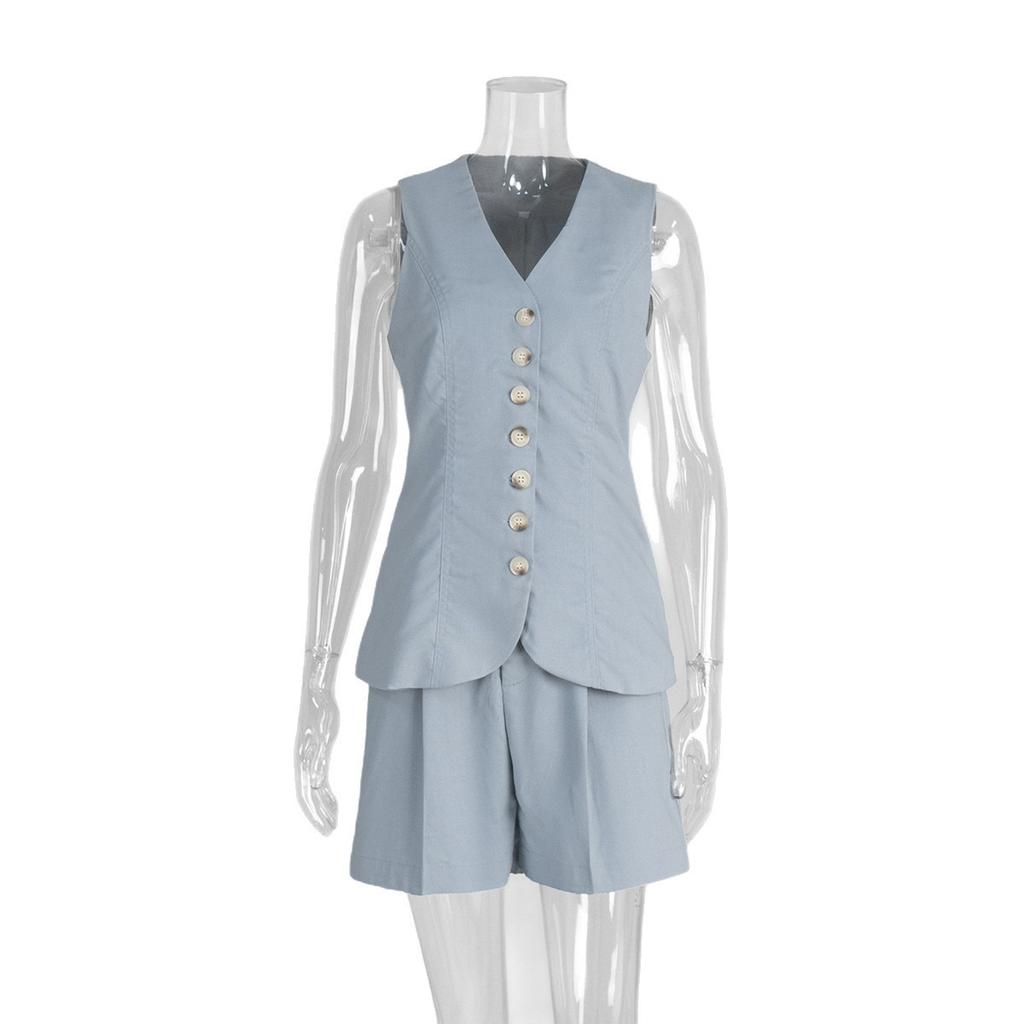 Set Estivo da Donna in Cotone e Lino 2 Pezzi Casual da Pendolare Gilet Gilet + Pantaloncini