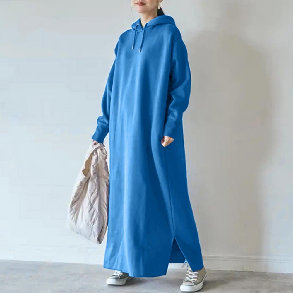 Women Sweatshirt Dress Drawstring Long Sleeve Side Split Hem Pullover Dress Thickened Fleece Lining Hooded Maxi Dress