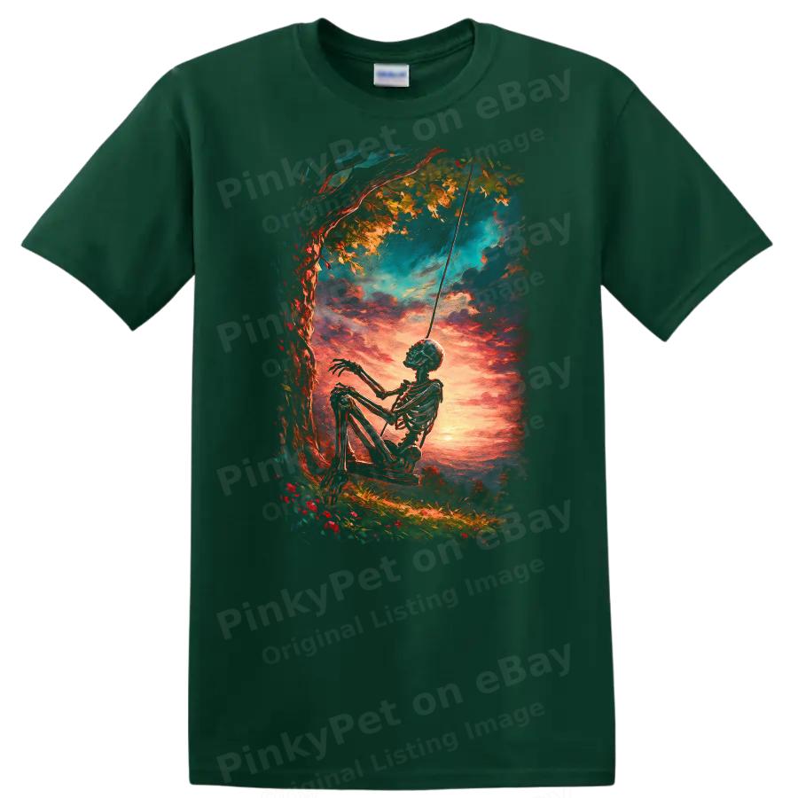 Skeleton on Swing Sunset Scene T Shirt Artistic Nature Tee Cute Gift Idea