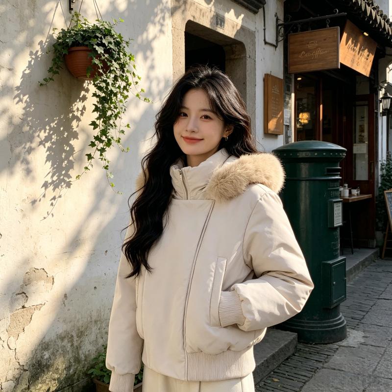 New Hooded Versatile Down Cotton-padded Women's Winter Warm Big Fur Collar Short Thickened Cotton-padded Jacket Women's Jacket