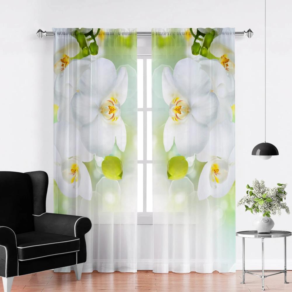 Phalaenopsis Floral Sheer Voile Drape For Living Dining Room Room Bedroom Kitchen Window Opening Transparent Chiffon Flowers Tulle Curtains