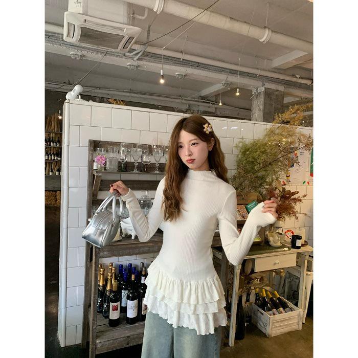 

De Rong 2025 Women s Slim Fit T-shirt with Lace Trim and Half-High Collar Medium білий