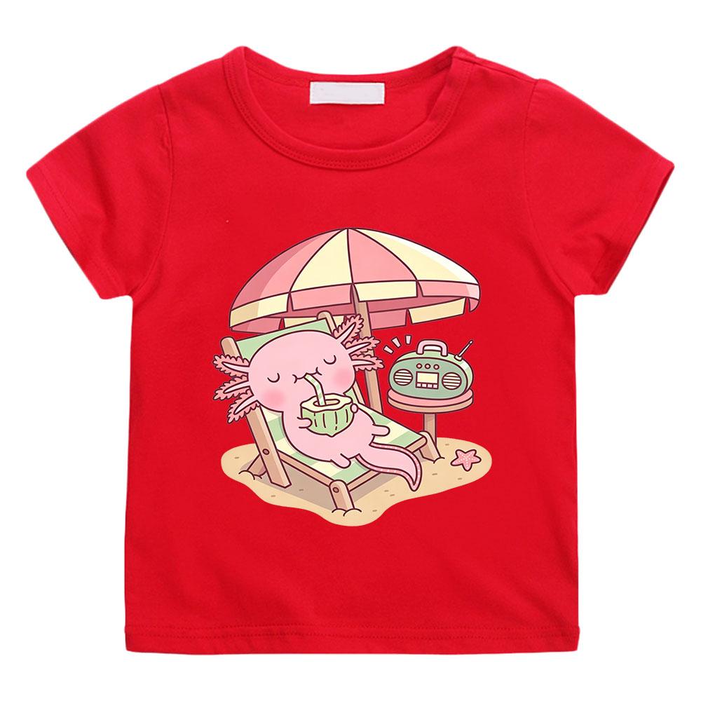 

Cute Axolotl Children s T-shirts 100%cotton Drinking Coconut Water on The Beach Funny Print Short Sleeve Boys Girls Tees Anime T-shirt Summer clothes 100 красный