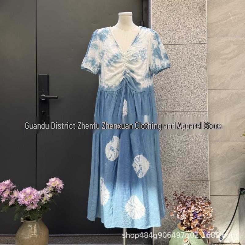 

Hand-Dyed Indigo V-Neck Ethnic-Style Maxi Dress One size