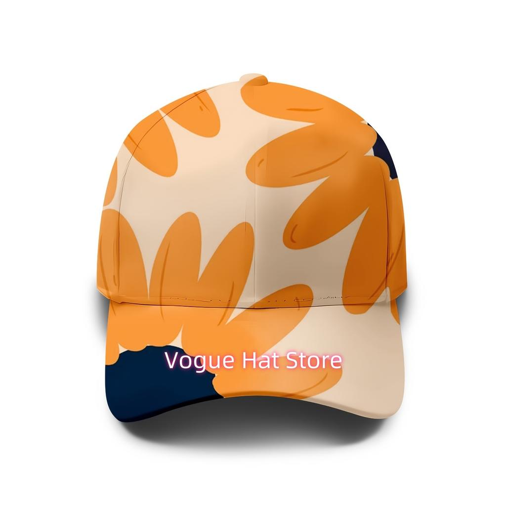 Baseball Cap Featuring An Orange Floral Design, With A Tropical Plant Motif. This Casual Summer Hat Is Unisex, Adjustable, And P