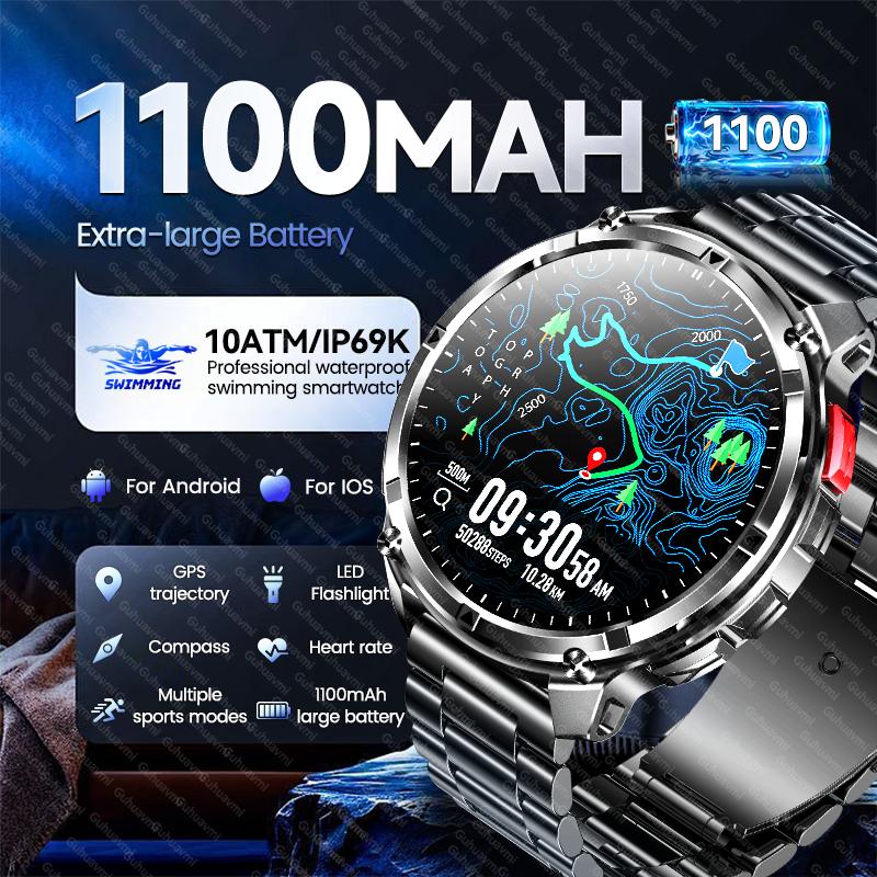2026 Neue 1100 Ultra-Lange Akkulaufzeit Smartwatch Herren Militärisches GPS-Kompass Herzfrequenz Bluetooth-Anruf 10ATM Wasserdicht HD Smartwatch