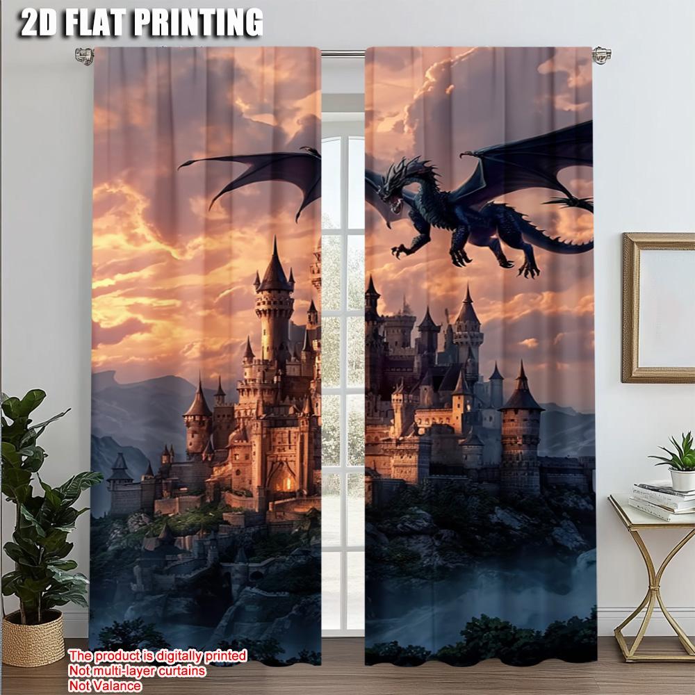 

2pcs,2D plane printing Pattern Curtains Fantasy Dragon City Scene Versatile Durable Polyester (without rod) Festive Perfect for 52.50 × 116.00 cm 2 pcs