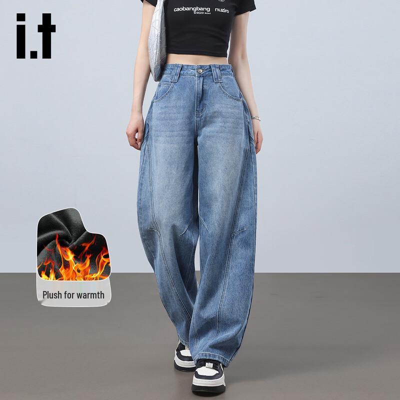 Izzue Women s American Retro High-Waist Loose Fleece-Lined Jeans S