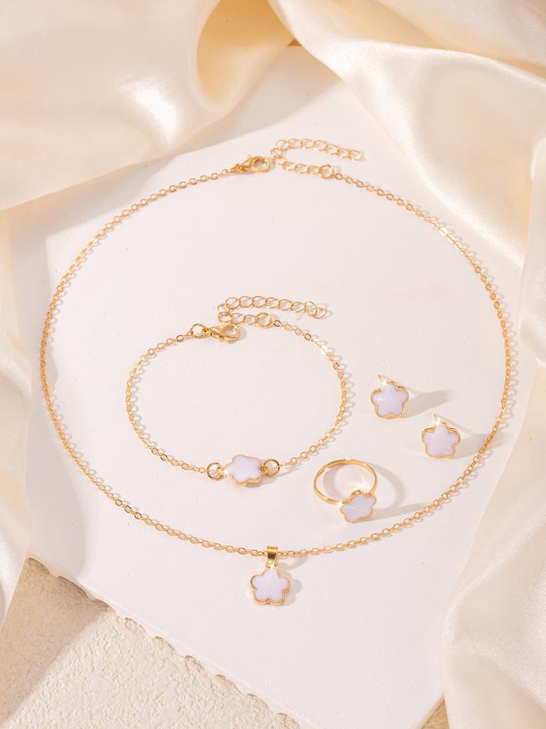 5pcs/set Lucky Five Petal Flower Zircon Set, Bracelet Necklace Earrings Zircon Set, Perfect For Giving Gifts