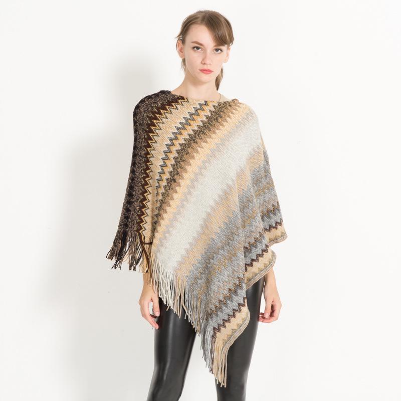 Women Geometric Chevron Poncho Shawl,Acrylic Imitation Cashmere Knit Tassel Cape Wrap,Oversized Pullover Shawl for Autumn Winter
