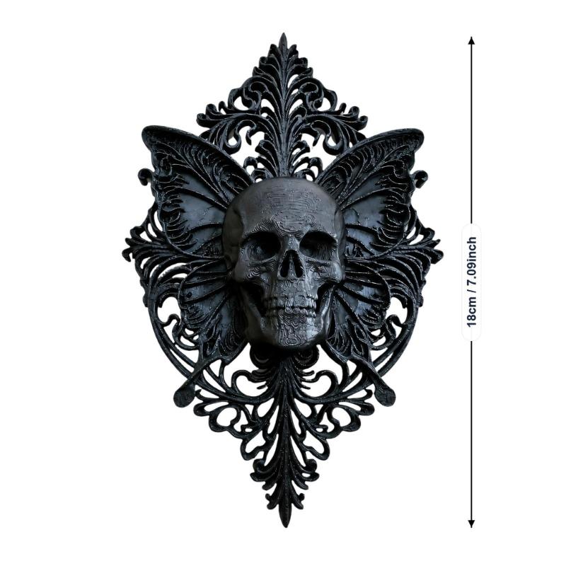 Halloween Skeleton Wall Art Black Skull Butterfly Wall Decors, Single-Form Plastic Plaque with Raised Relief and Intricate Scrolling Detail for