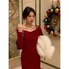 Autumn and winter new new robe coat with long dress inside red knitted bottoming dress children