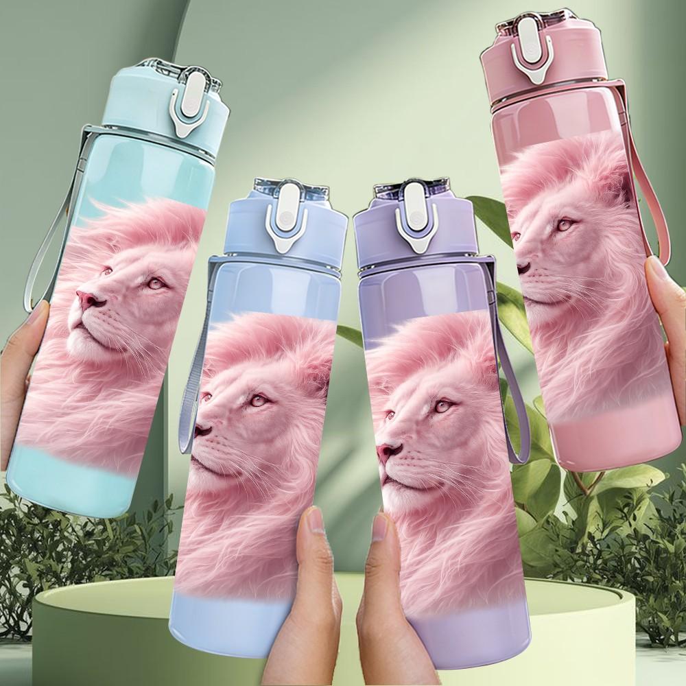 1PC Soft Fluffy Pink Lion Animal Print 750ml Color Plastic Sports Water Bottle Leakproof Flip Straw Lid Suitable for Sports Office Home Use