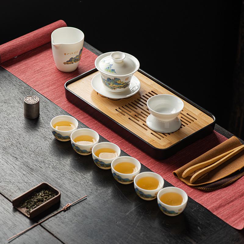 Suet jade tea set, white porcelain travel kung fu tea set, tea tray set, cover bowl teacup