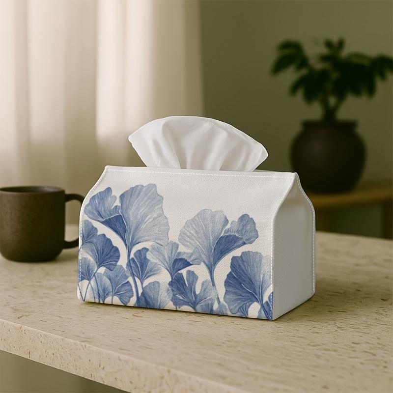 1pc Minimalist Botanical Scandinavian Tissue Box - Ginkgo Leaf Blue White, 17.02*25.91cm, Ideal for Kitchen, Living Room, Bedroom, Bathroom - Holiday