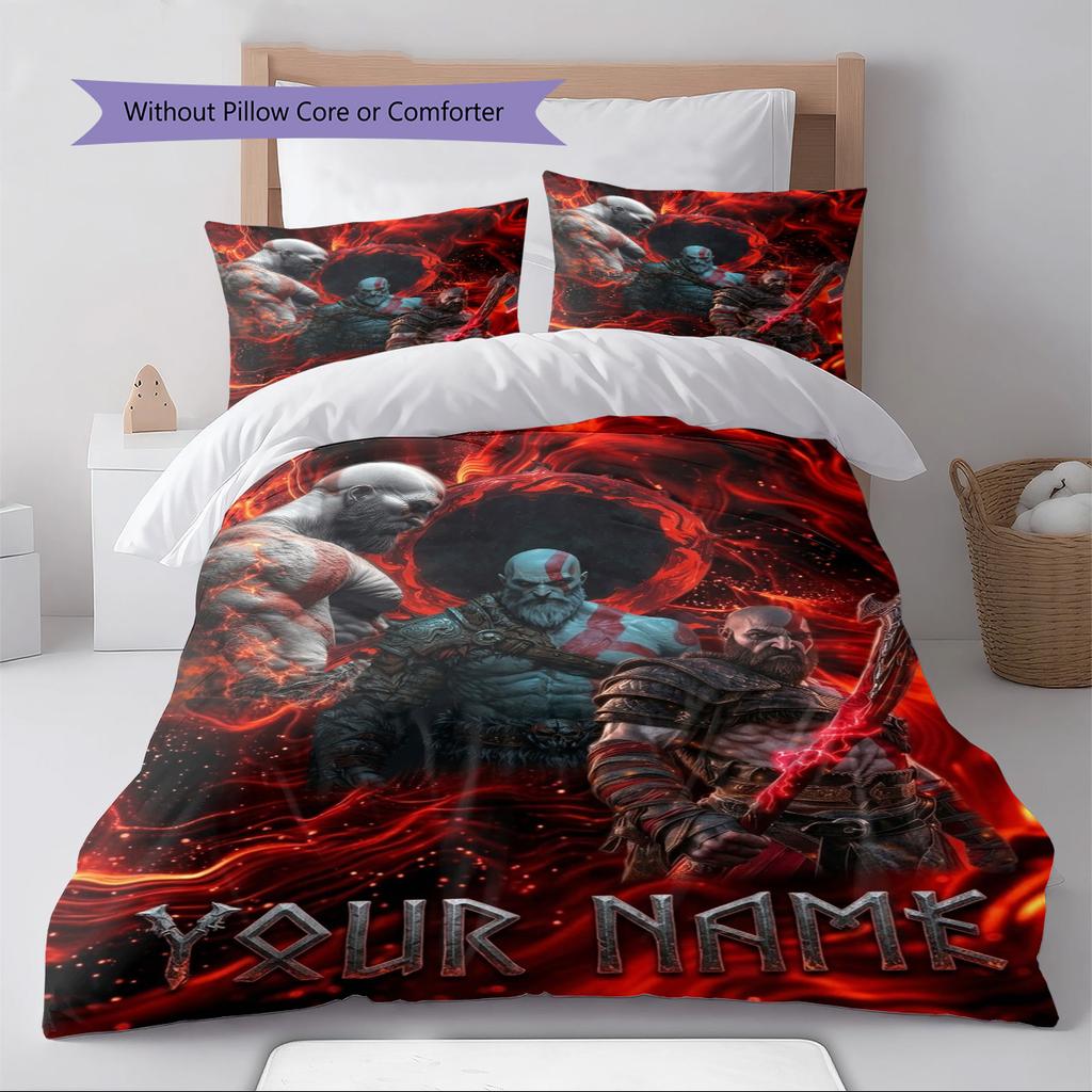 Name Custom God of War Pattern Bedding Set Quilt Cover Pillowcase Home Decor Gift (1 * Duvet Cover + 2 * Pillowcase, Without Core)