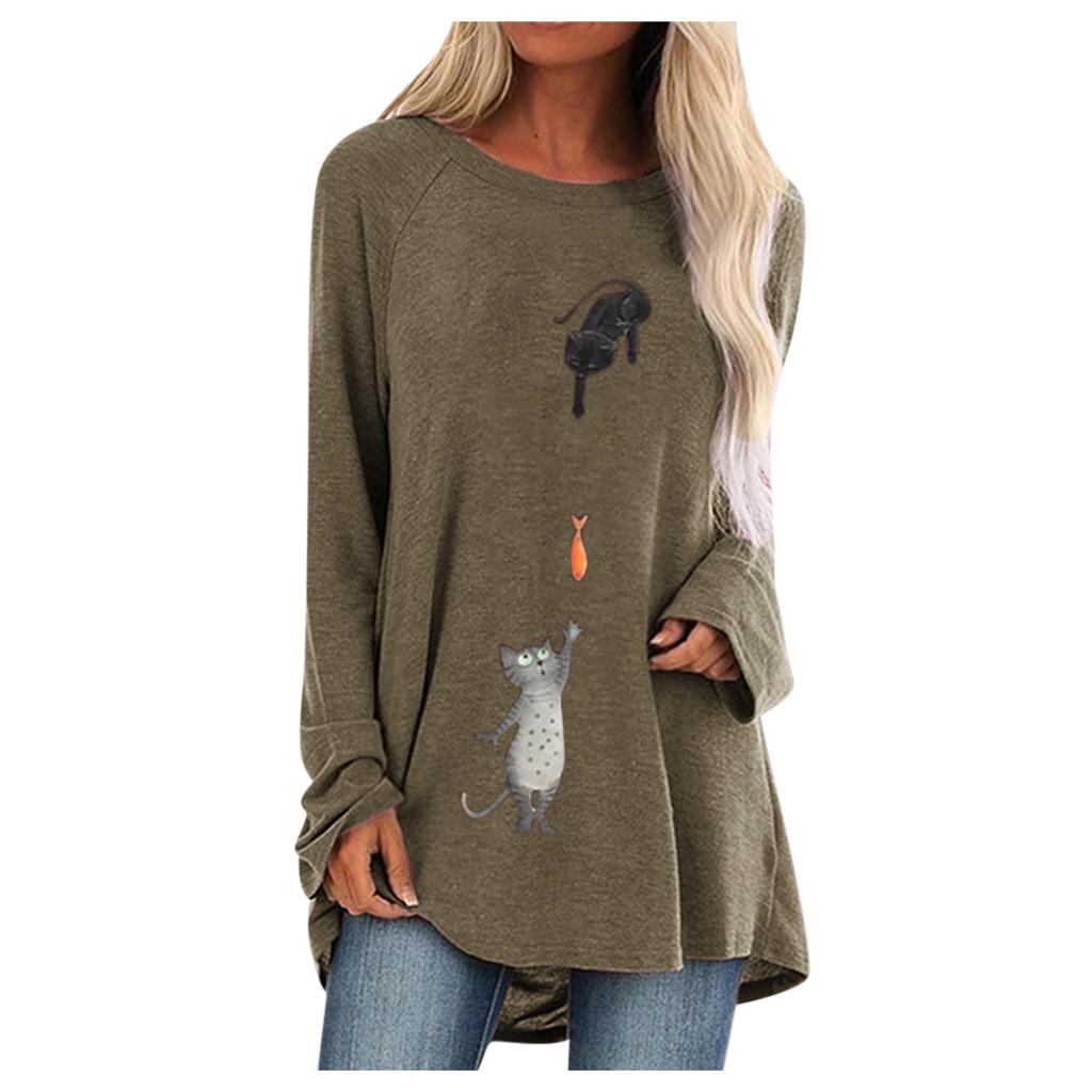 Women Fashion Plus Size Print Round Neck Long Sleeved Long T-shirt Blouse