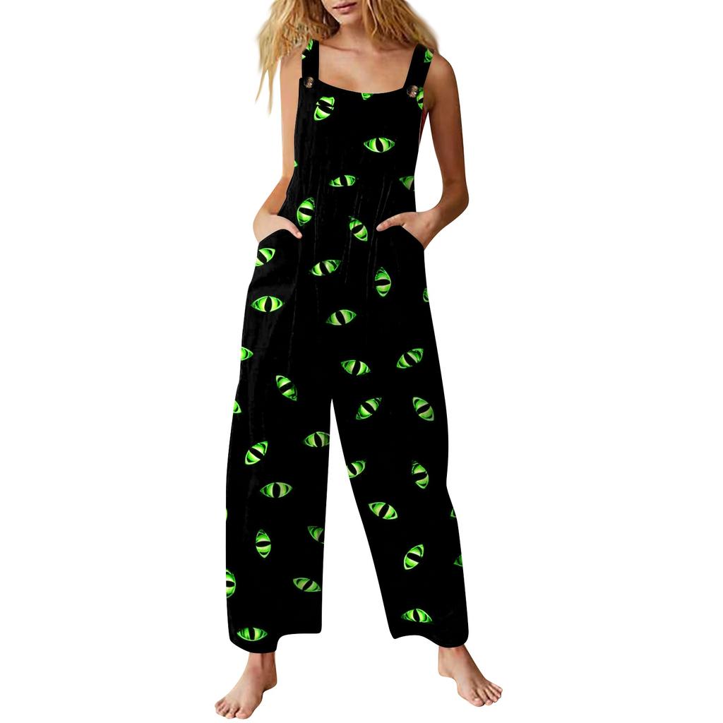 Women Sleeveless Jumpsuit Halloween Print Cotton Casual Loose Fit Wide Leg Romper Pocketed Overall Pants