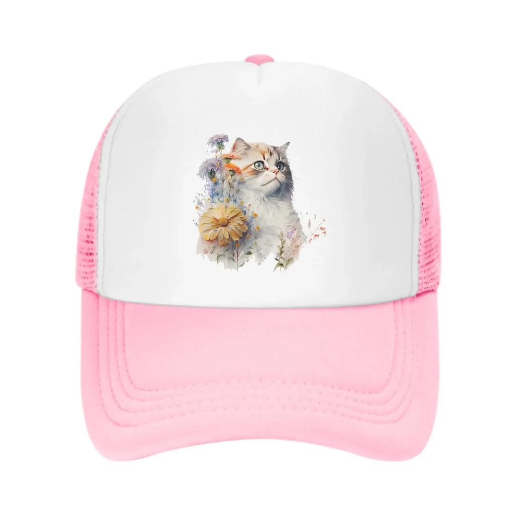 Blumenkatzen Netz-Trucker-Hüte für Unisex-Damen, verstellbare lässige Mode-Baseballkappen für Outdoor-Aktivitäten
