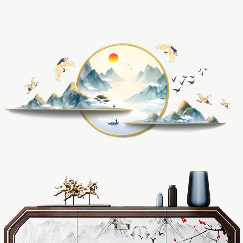 Wandaufkleber im chinesischen Stil für Schlafzimmer, Landschaftsmalerei selbstklebender Aufkleber, Heimdekoration