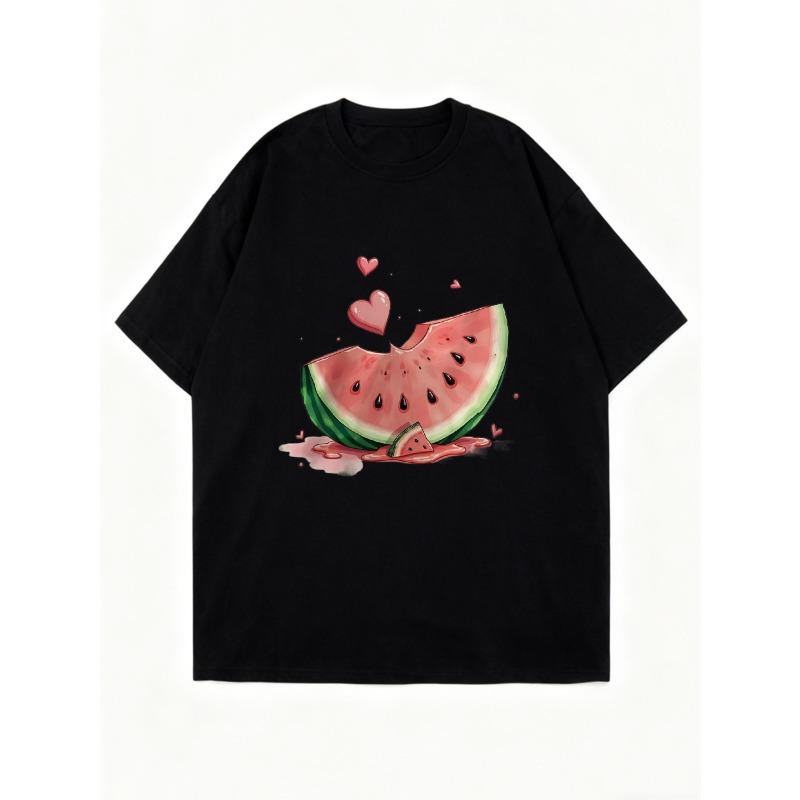 Oversized T Shirt Black Watermelon Slice With Hearts Print Summer Casual Wear