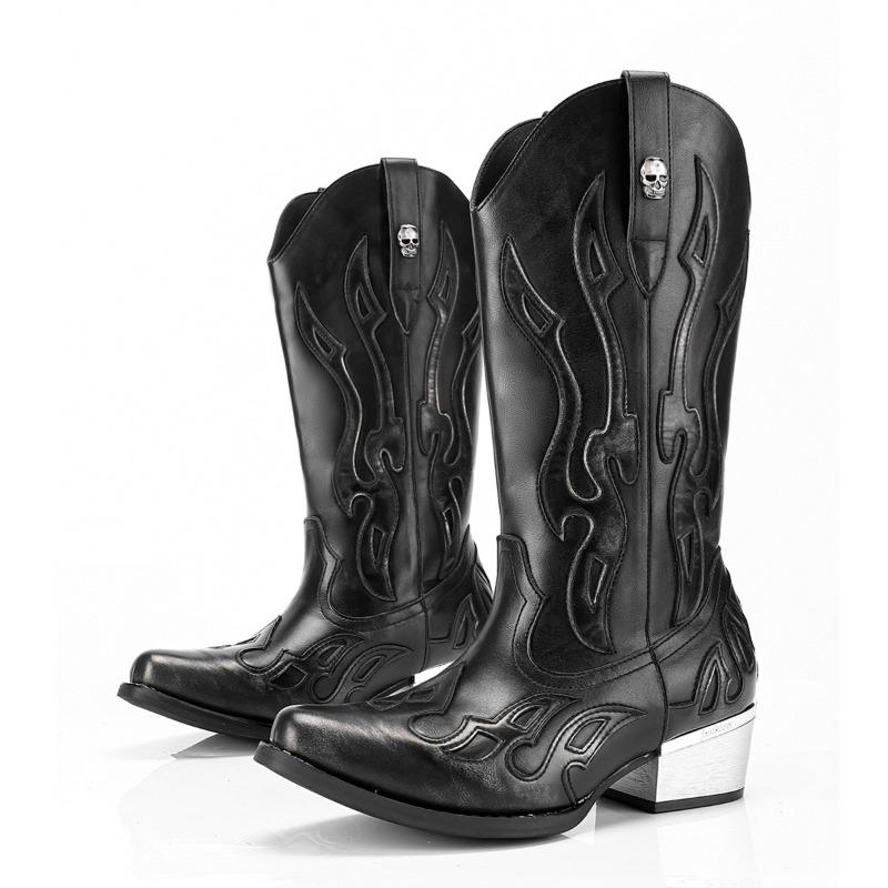 Fashion Men's Women's Fad Retro Leather Boot Thick Heel Western Denim Boot Punk Side Zipper Couple Mid-tube Waterproof Boots Botas Mujer