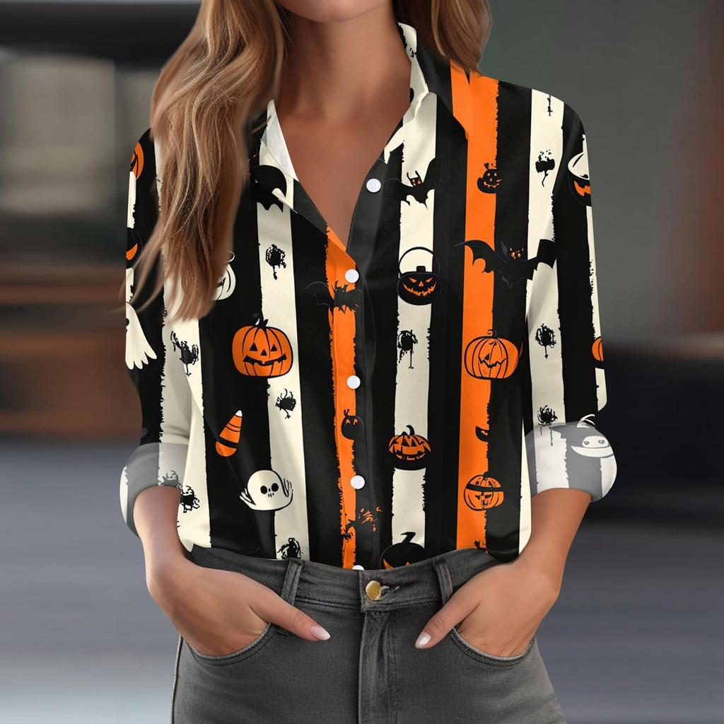 Damen Hemd Bluse Halloween Print Knopf Langarm Lässig Basic Hemdkragen Regulär Top