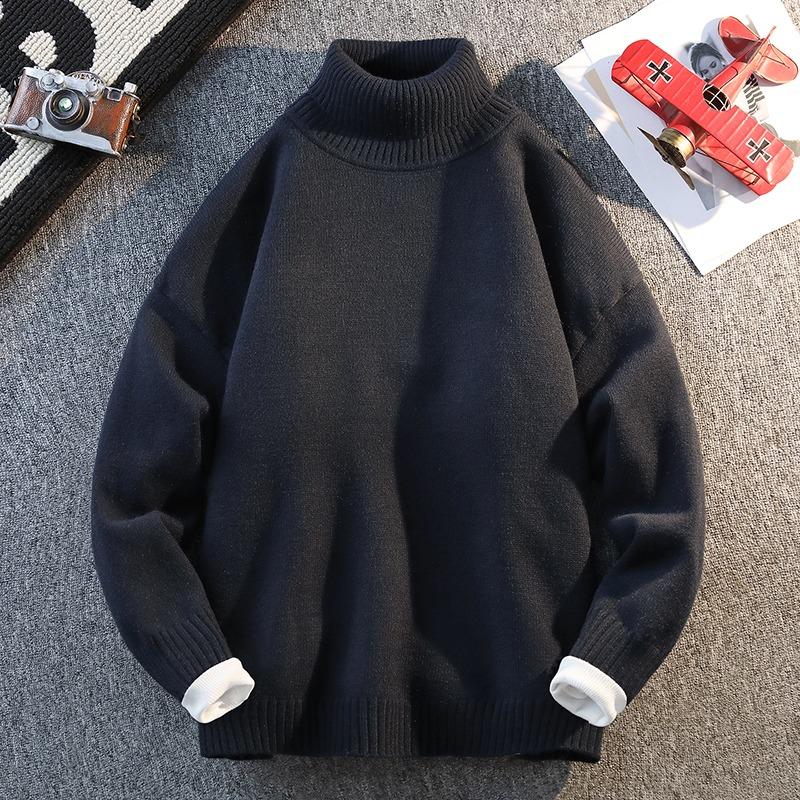 Autumn and Winter Solid Color Long-sleeved Threaded Fashion Turtleneck Sweater Men's Casual Tops